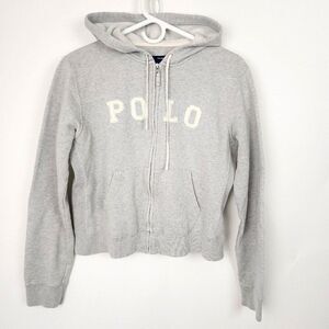Polo Ralph Lauren Sport Hoodie Gray Zip Cropped Sweatshirt Spell Out Womens L